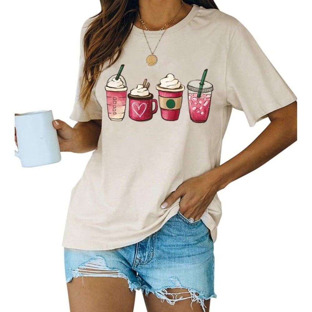 Women's valentine day coffee Print T-Shirt Size S apricot